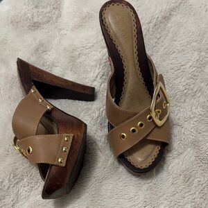 bebe | Tan Leather Wood Heel Mule Slides with Gold Buckle - 7